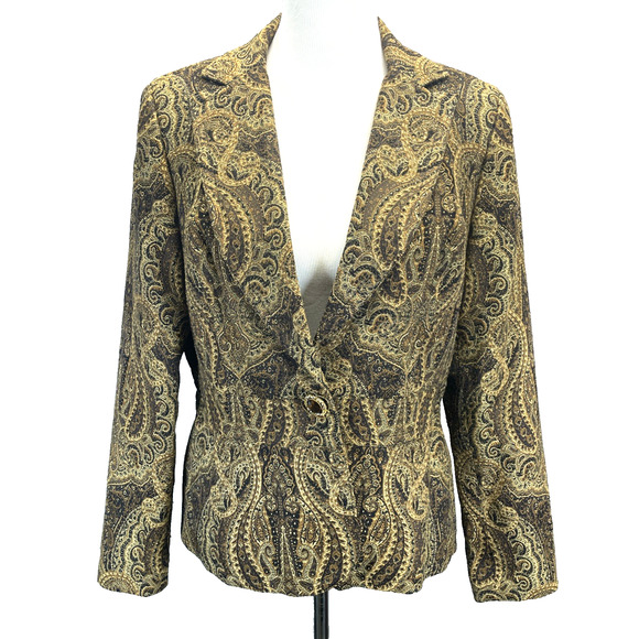 Focus 2000 Jackets & Blazers - Focus 2000 Women 12 Peplum Jacket Brown Gold Paisley Topaz Jeweled Snap Closure